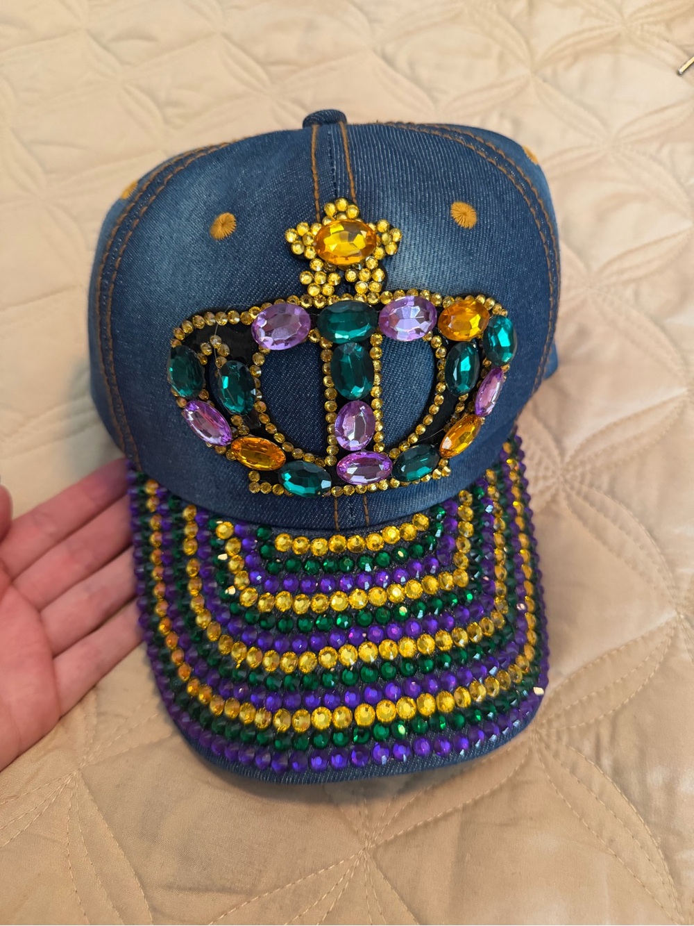 Jeweled Crown Denim Baseball Cap in Green, Purple & Gold